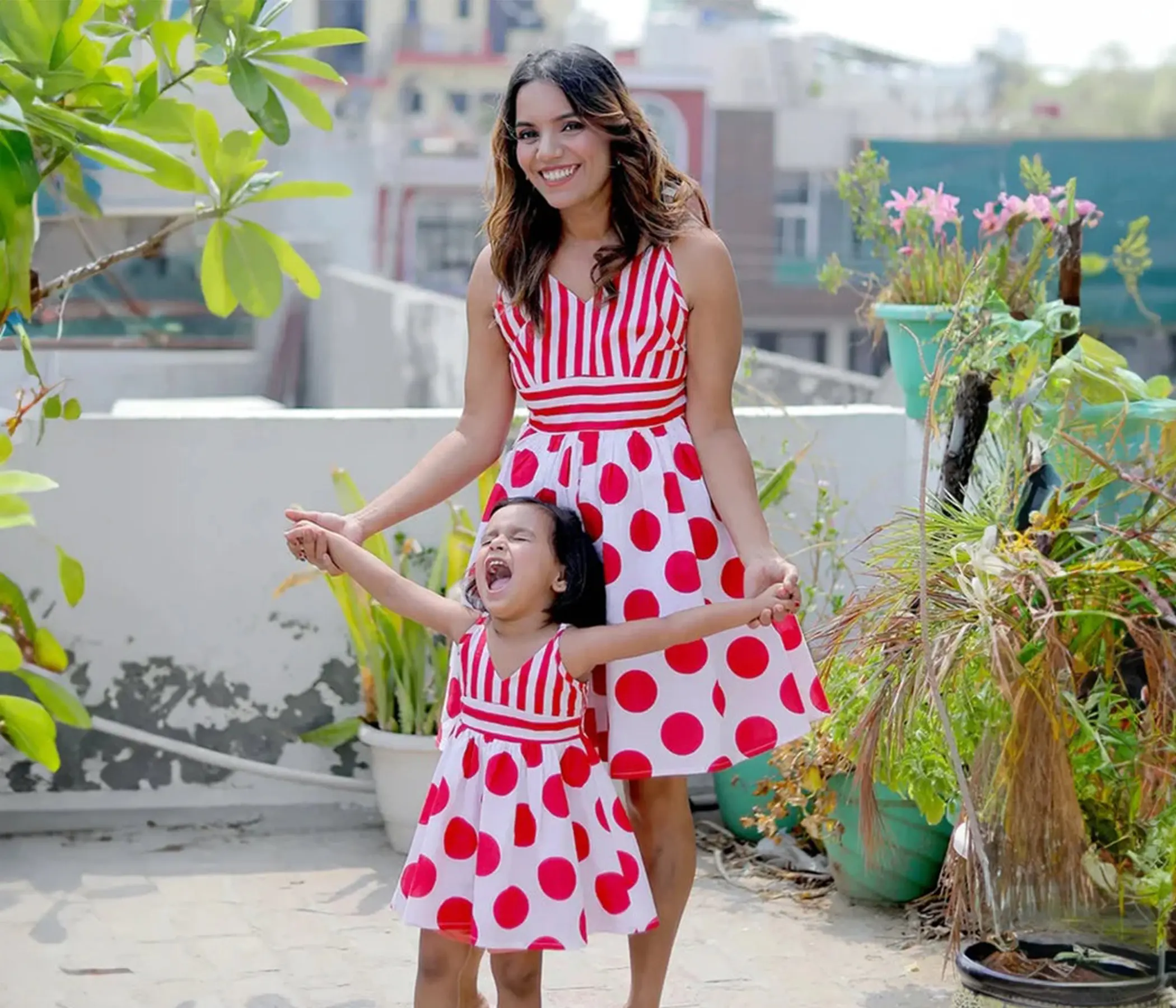 Hand Painted Red and White Polka Dot Mother Daughter Twinning Dress Set